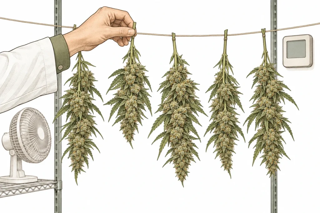 Cannabis buds hanging upside down on a line while drying cannabis in a dark, well-ventilated room