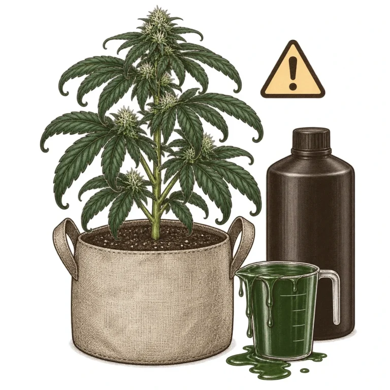 Cannabis plant in a fabric pot next to a nutrient bottle and an overflowing measuring cup, symbolizing overfeeding