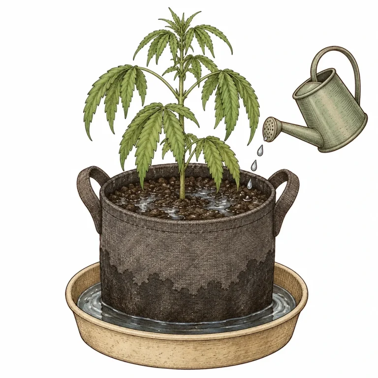 Cannabis plant in a fabric pot with soaked soil, puddles on the growing medium and standing water in the saucer