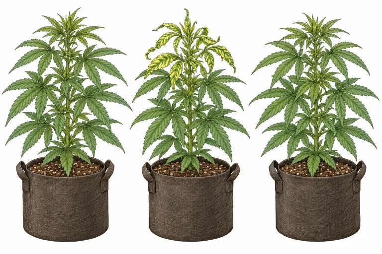 Cannabispflanze mit gelbem Mosaikmuster und verformten Blättern zwischen zwei gesunden Pflanzen