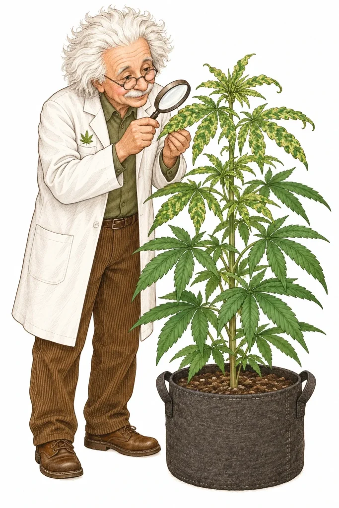 Cannabis Virus erkennen: Der PlantMentor untersucht ein mosaikartig geflecktes Blatt mit der Lupe
