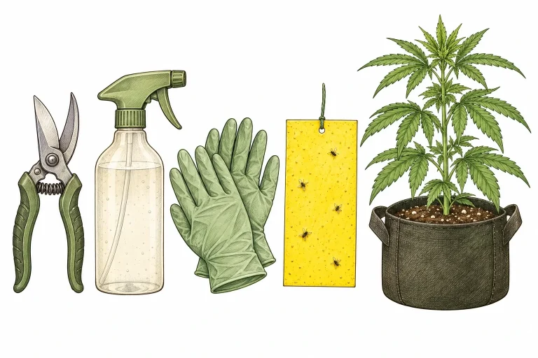 Desinfizierte Schere, Sprühflasche, Handschuhe und Gelbtafel neben einer gesunden Cannabispflanze im Stofftopf