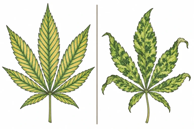 Vergleich zweier Cannabisblätter: symmetrische Aufhellung zwischen den Blattadern bei Nährstoffmangel und unregelmäßiges Mosaikmuster bei Virusbefall