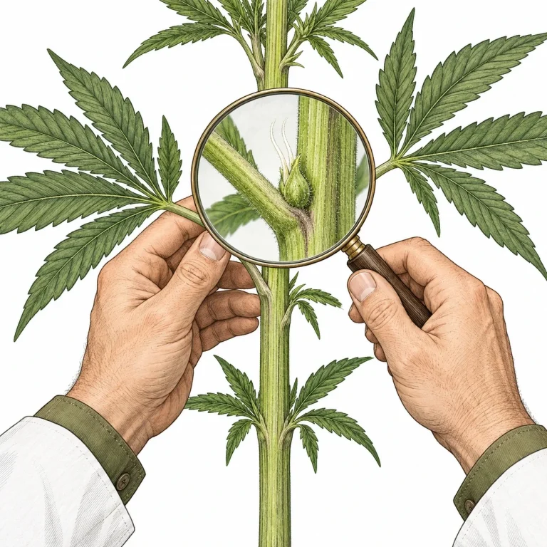 A grower holds a magnifying glass over a plant node where the first white pistils of preflowering are appearing