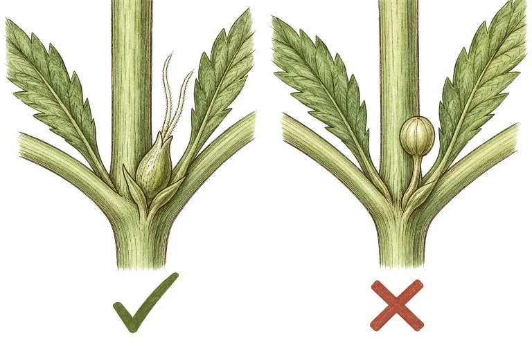 Vergleich von weiblicher Cannabis-Vorblüte mit weißen Blütenstempeln und männlicher Vorblüte mit rundem Pollensack