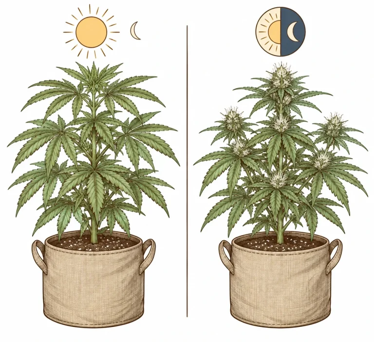 Comparison of a cannabis plant in the vegetative stage under long days and a flowering plant with equally long days and nights