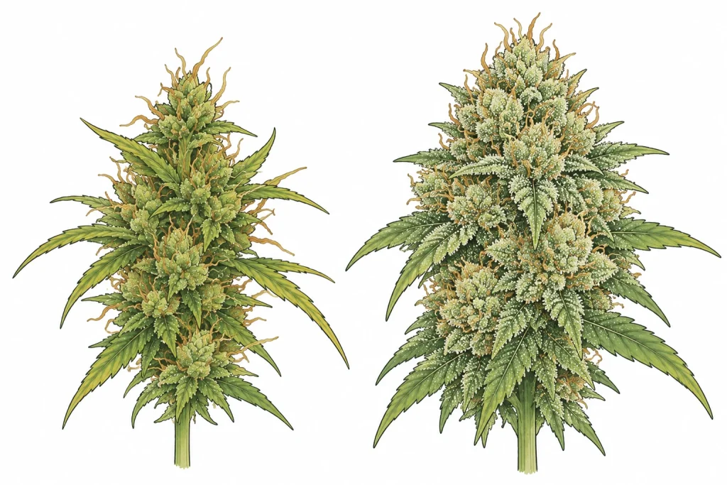 How to increase trichomes: cannabis bud with heavy resin next to a bud of the same strain with few trichomes
