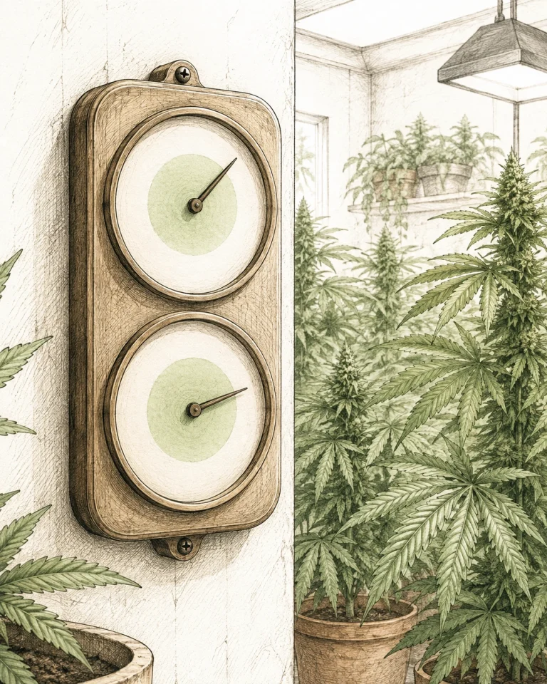 Cannabis with few trichomes: hygrometer and thermometer showing ideal climate settings