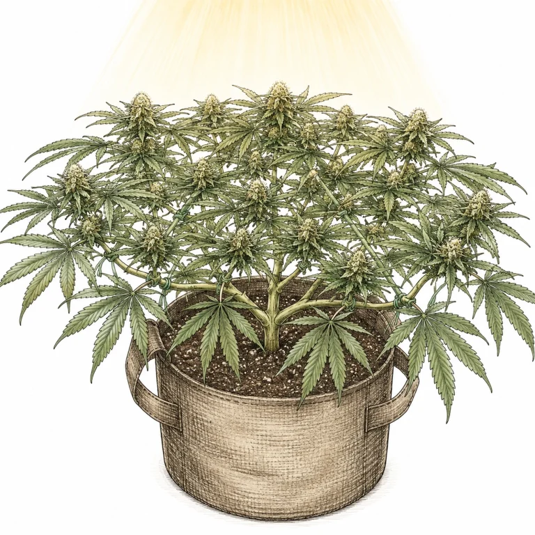 Cannabis with few trichomes: low stress training for better light distribution and trichome development