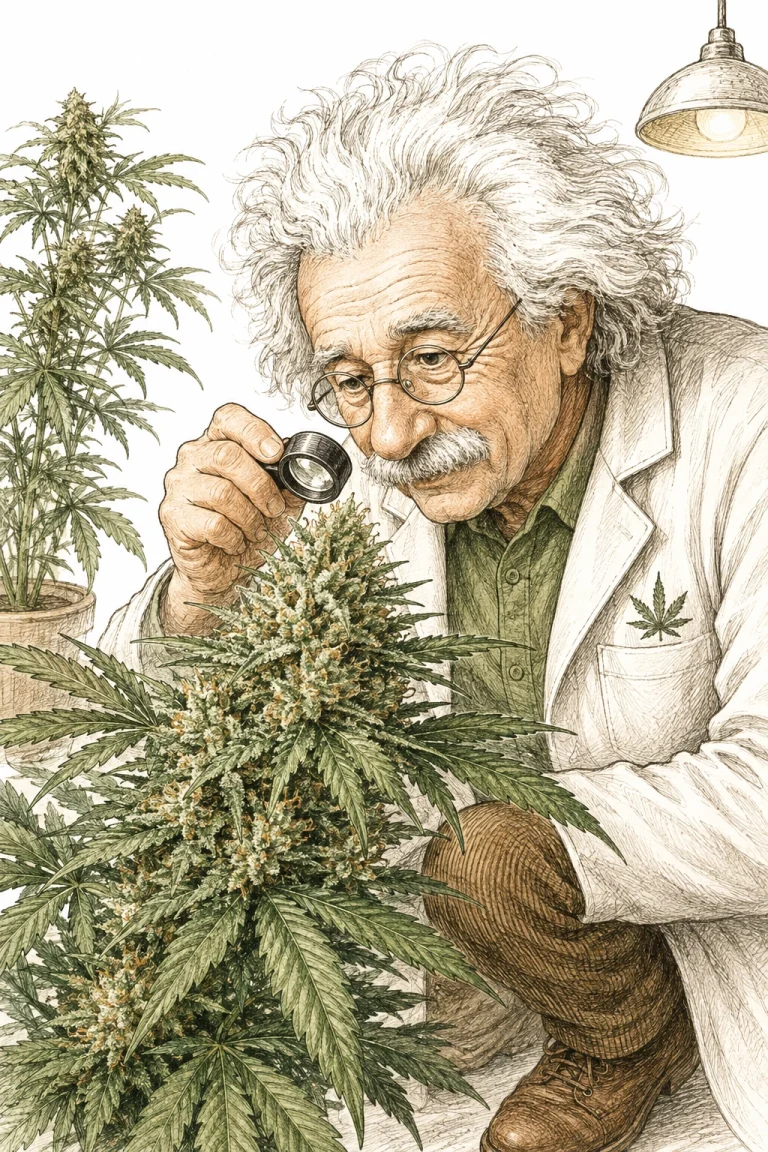 Checking cannabis trichome ripeness with a clip-on magnifier lens