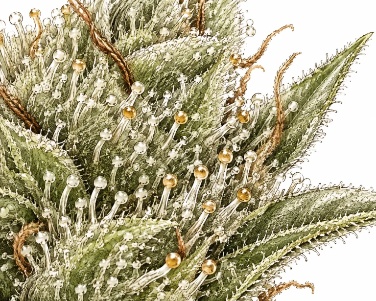 Cannabis few trichomes macro shot of healthy milky and amber trichomes
