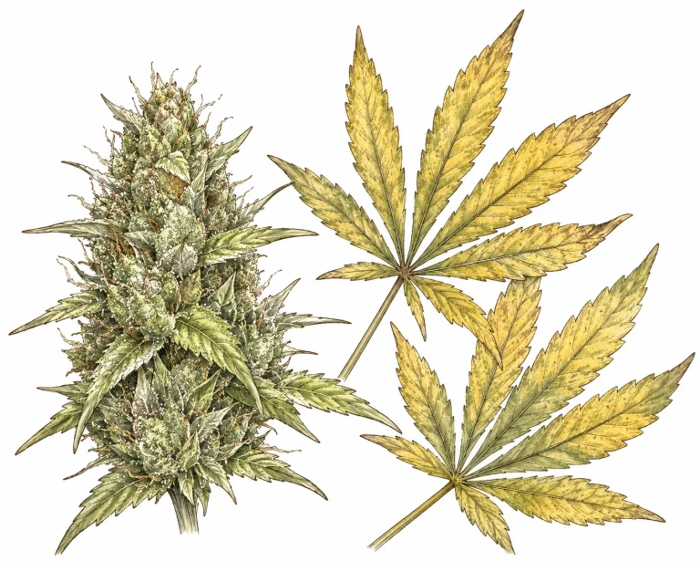 Cannabis with few trichomes: nutrient deficiency with yellowing leaves and underdeveloped trichomes