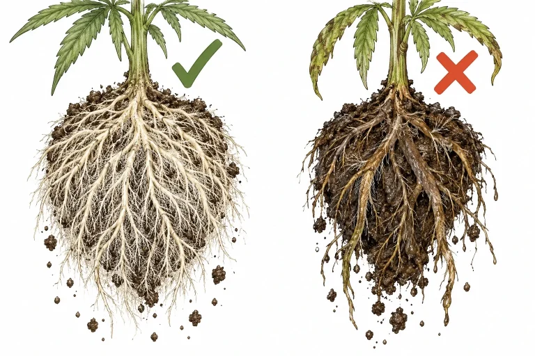 Cannabis root balls compared: healthy white roots on the left, brown, mushy roots with root rot on the right