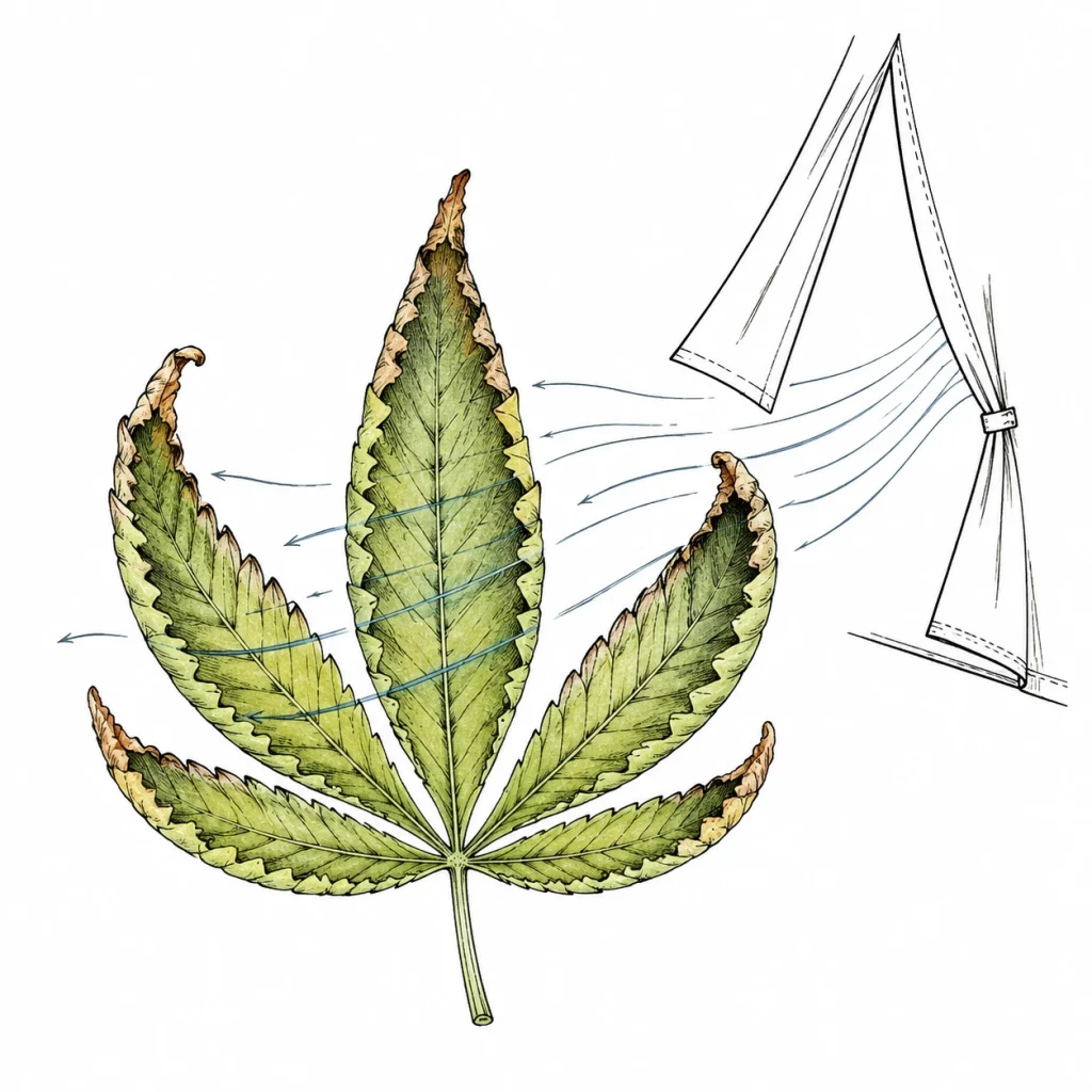 Cannabis plant with curled, taco-shaped leaves near a fan, showing too much airflow cannabis damage in a grow tent