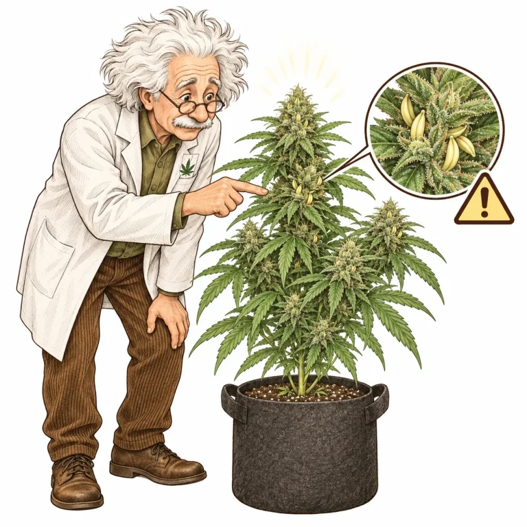 A grower points to hermaphrodite pollen sacs between female cannabis flowers