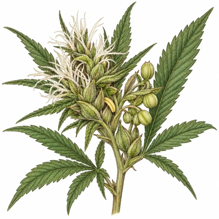 Cannabis hermaphrodite: branch with female pistils plus hidden pollen sacs and bananas on the same shoot