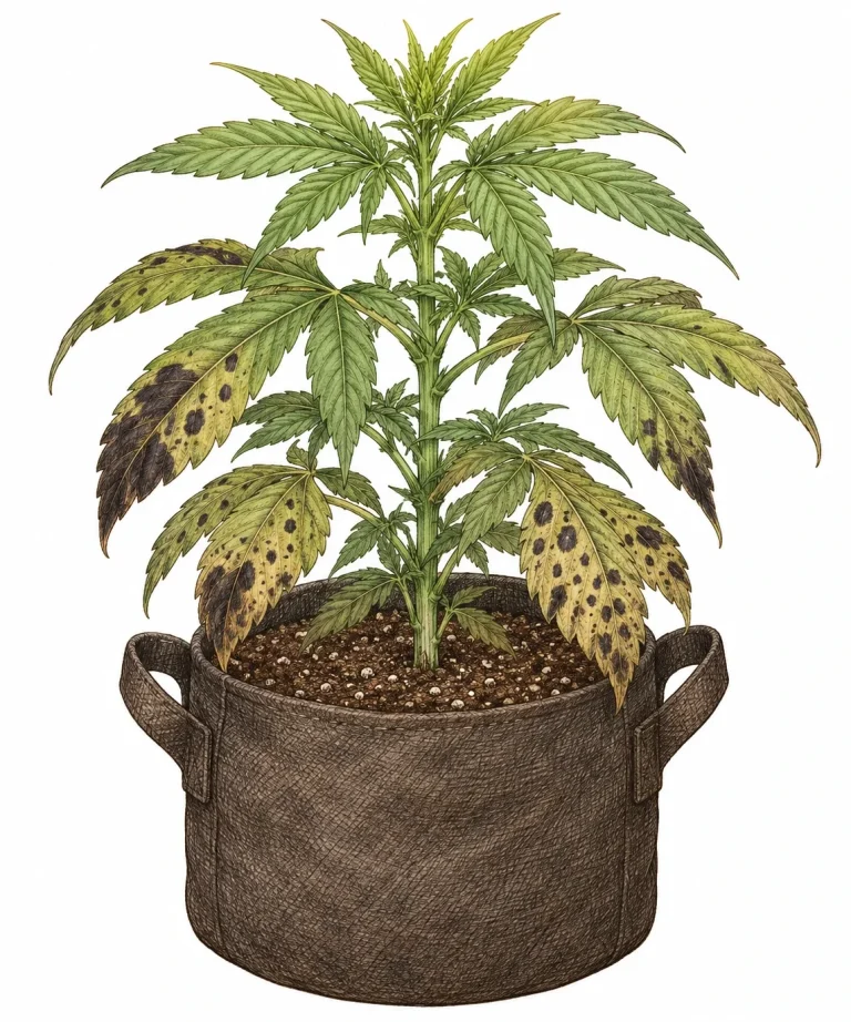 Cannabispflanze im Stofftopf mit schwarzen Flecken auf mittleren und unteren Blättern