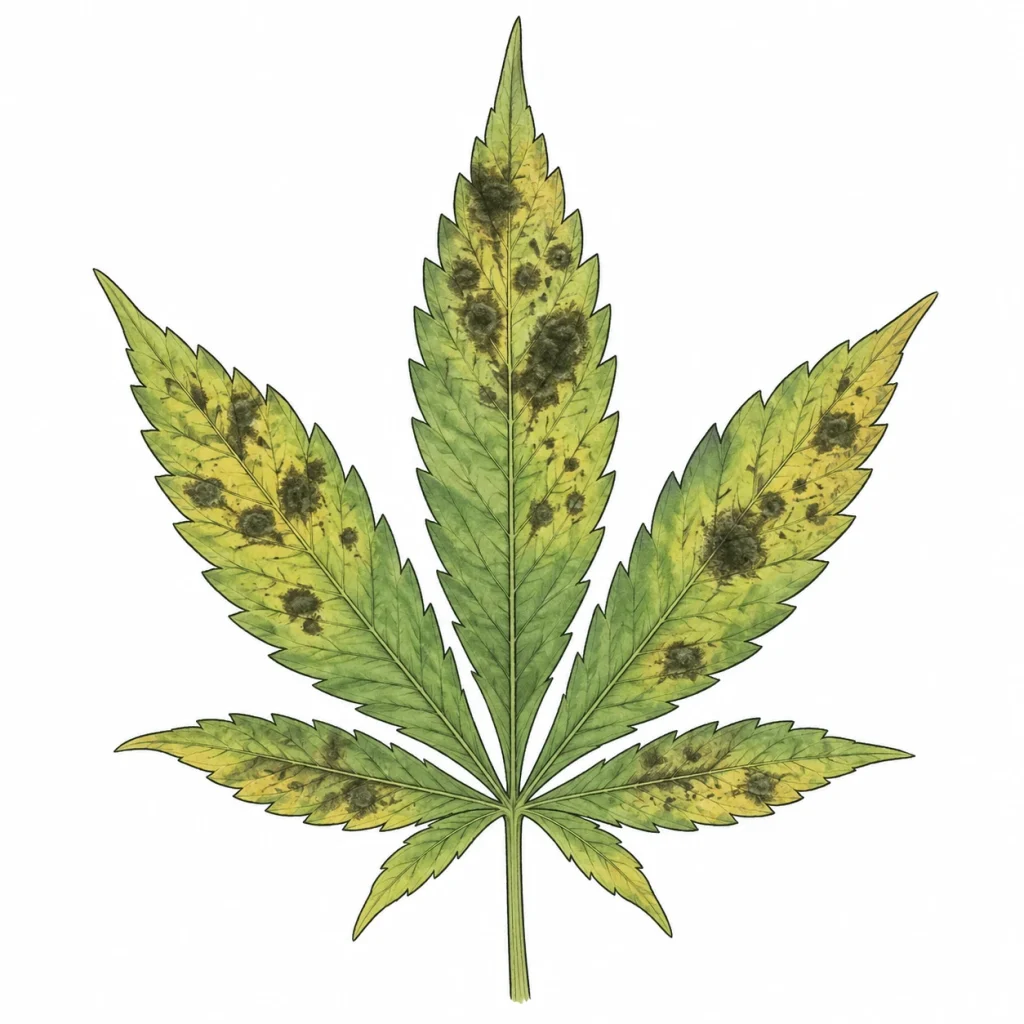 Cladosporium cannabis infection with olive-green to black, velvety spots on a cannabis leaf