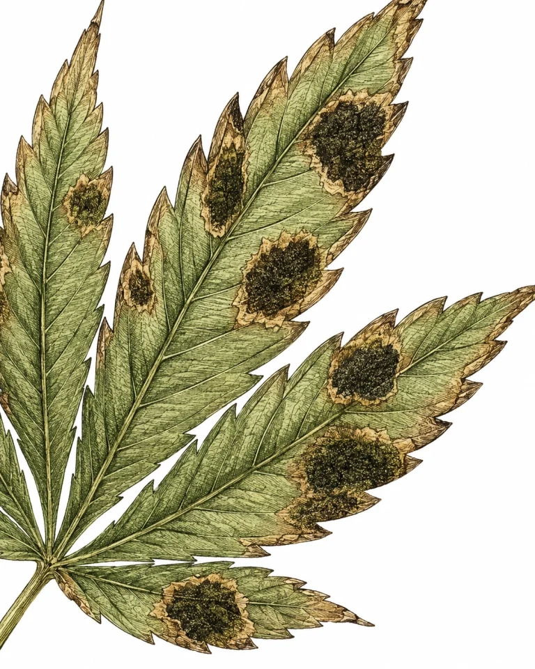 Close-up of olive-green to black Cladosporium leaf spots on cannabis