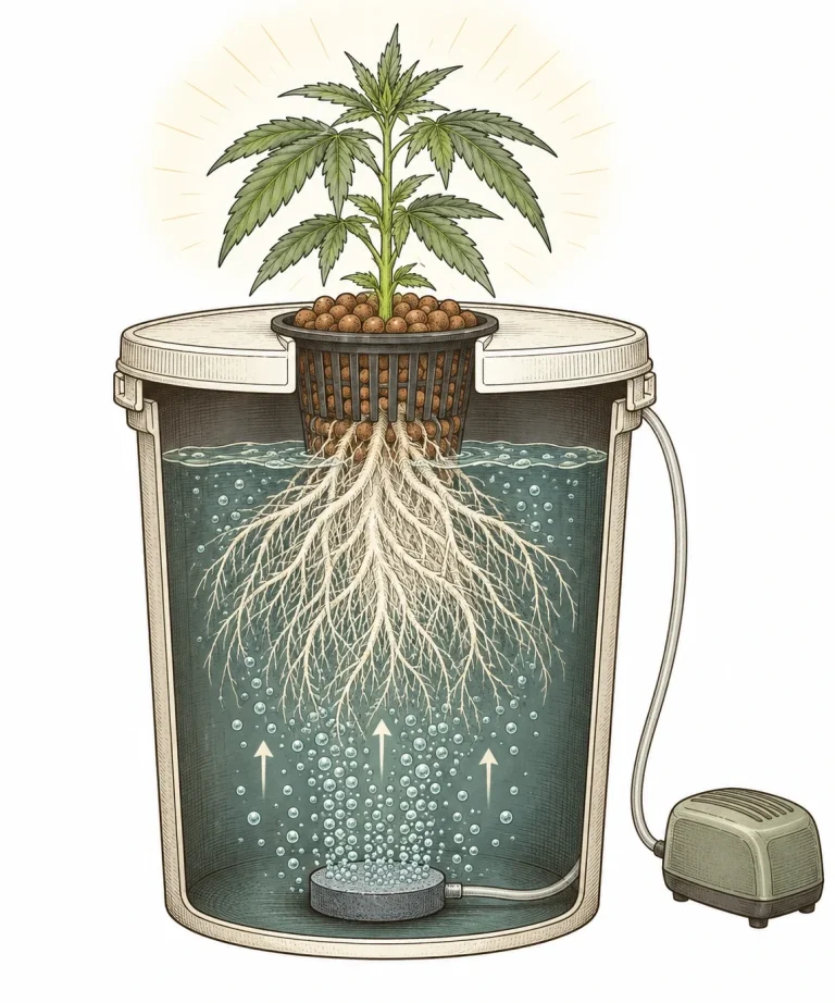 Cross-section of a DWC bucket with net pot, clay pebbles, roots in the nutrient solution and an air stone