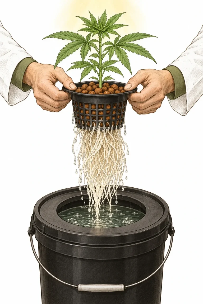 Hands lifting a net pot with a young cannabis plant and long white roots out of a DWC bucket