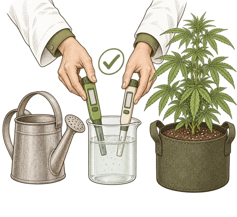 Grower measuring the EC and pH of a nutrient solution before feeding a cannabis plant