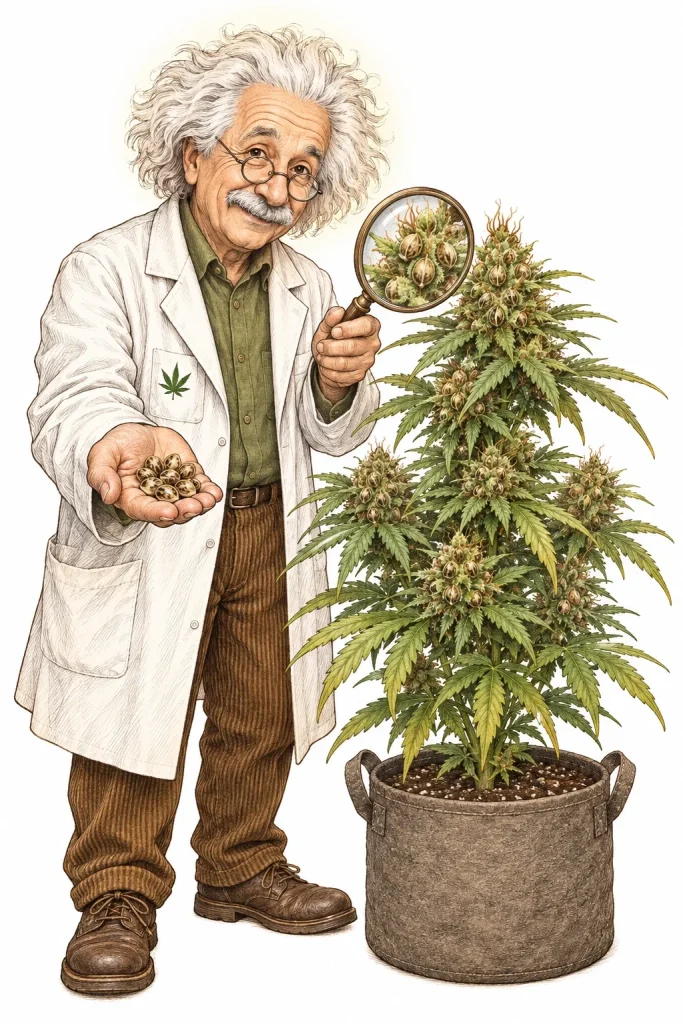How to make cannabis seeds: isolated female cannabis plant with white pistils and simple pollination tools