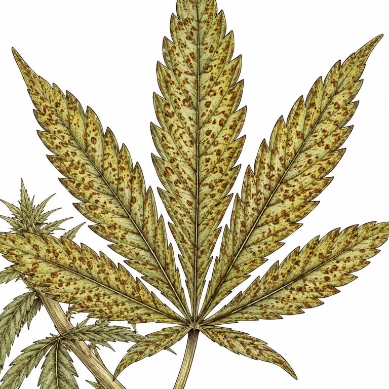 Iron toxicity in cannabis: close-up of bronze speckled spots on a leaf