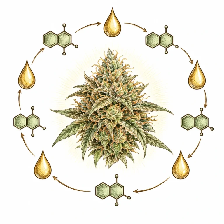 Cannabis bud surrounded by cannabinoid and terpene symbols connected by arrows – the entourage effect