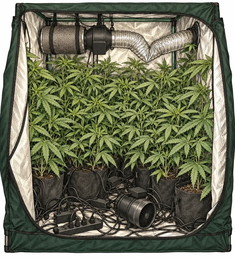 Überfülltes Growzelt mit gedrängten Cannabispflanzen, geknicktem Abluftschlauch und Kabelsalat