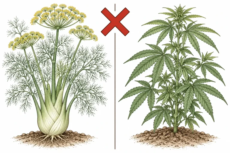 Fennel and a cannabis plant separated by a red X as a warning against a bad pairing