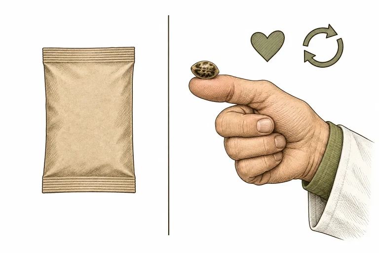 Comparison: a sealed seed pack next to a homegrown cannabis seed on a fingertip