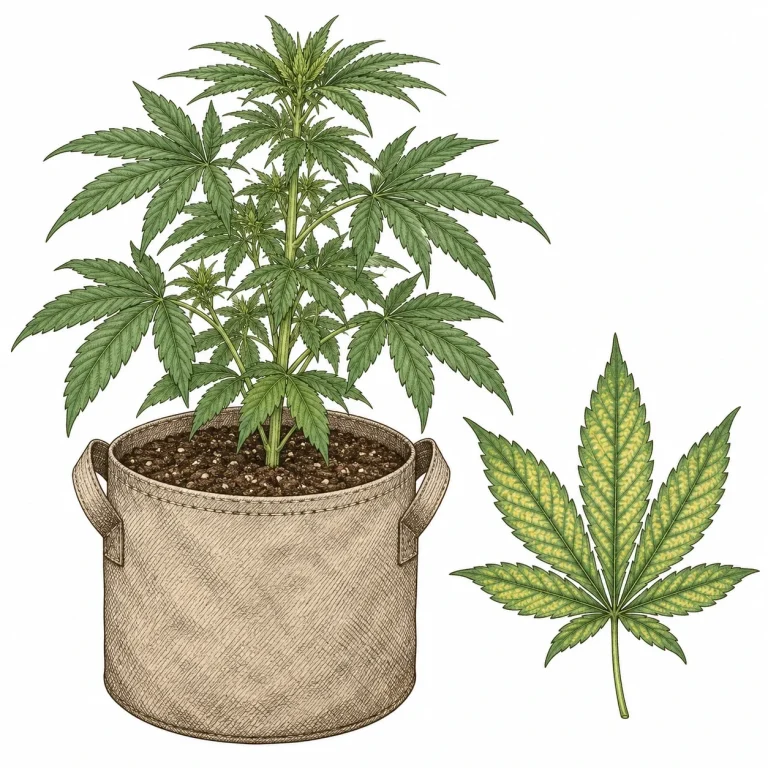 Healthy cannabis plant in a fabric pot next to a leaf with the first yellow speckles from molybdenum deficiency