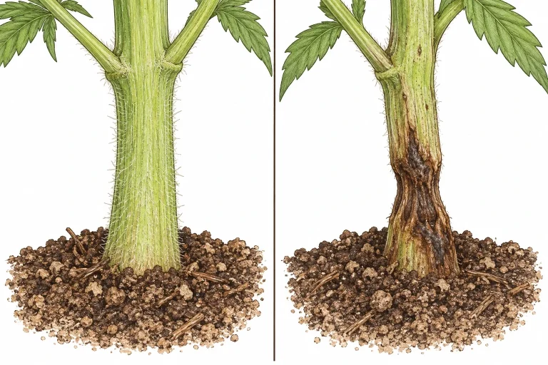 Vergleich eines gesunden grünen Cannabisstängels mit einem Stängel mit dunkelbraunen, weichen Faulstellen