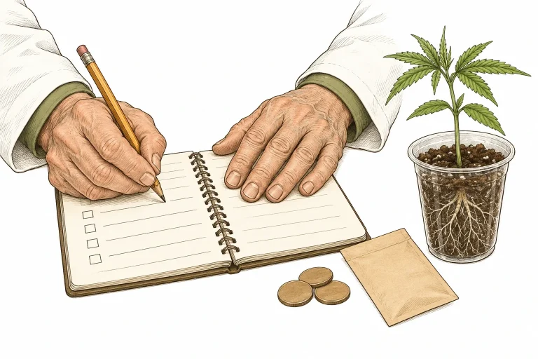 Hände des PlantMentors planen das Grow-Budget auf einem Notizblock, daneben Münzen, Samentüte und Keimling im Becher