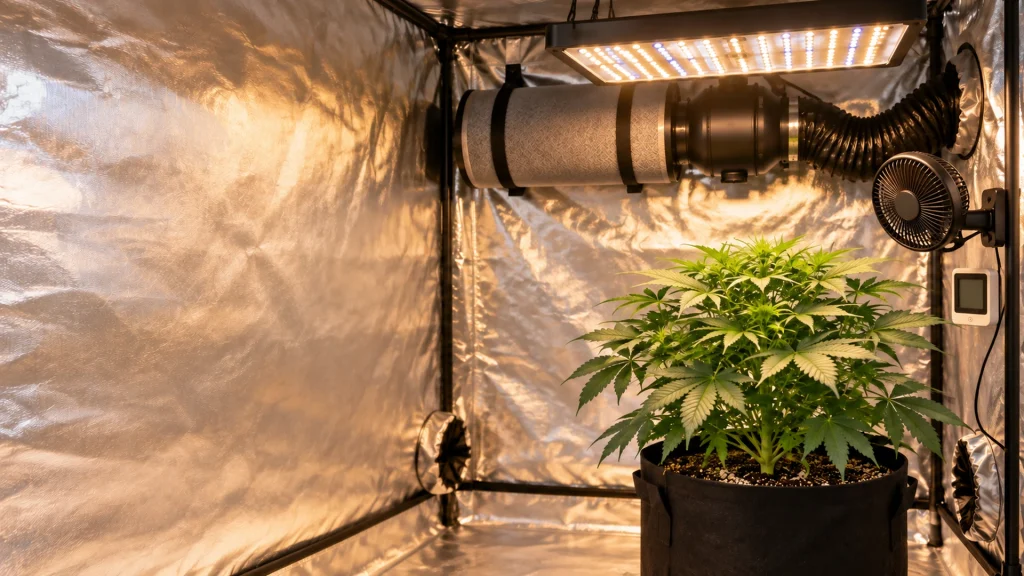 Grow Zubehör: Growbox-Komplettset mit LED-Lampe, Aktivkohlefilter und Cannabis-Pflanzen