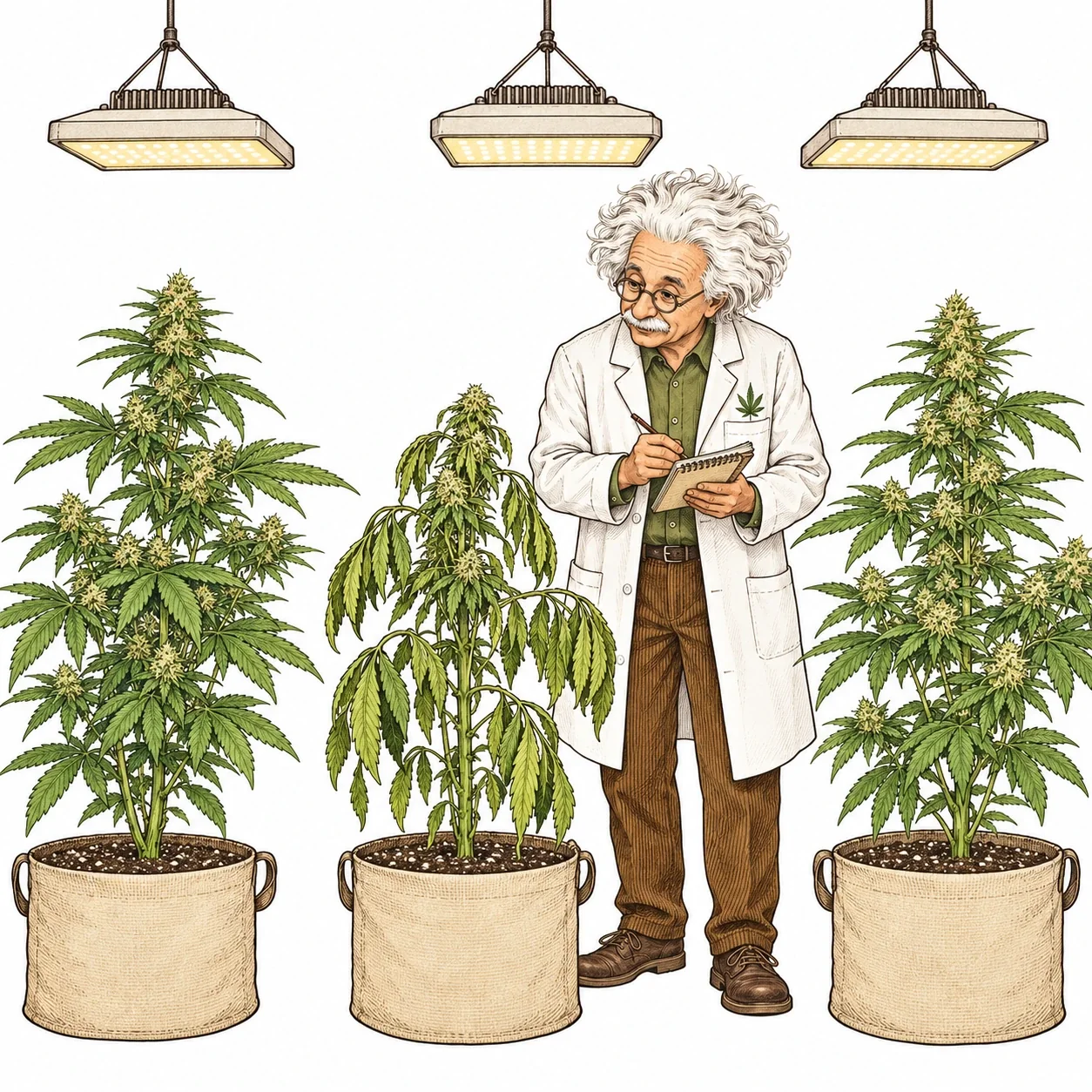 Grower examining a cannabis plant with drooping leaves