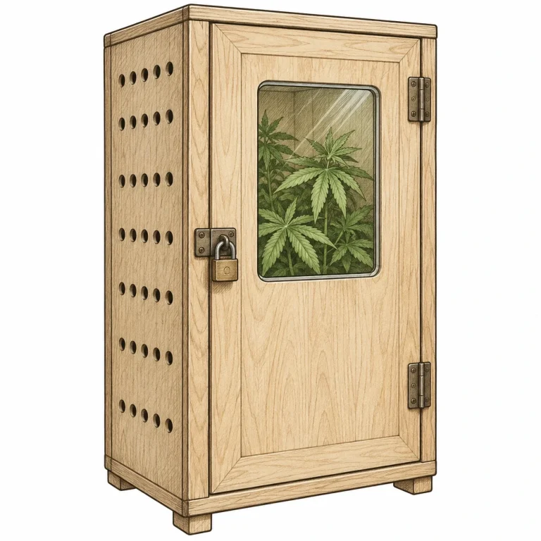 Abschließbarer Growschrank aus Holz mit Lüftungslöchern und kleinem Sichtfenster, dahinter Cannabisblätter