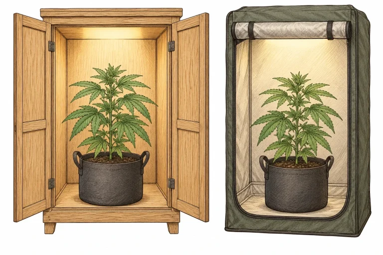 Geöffneter Growschrank aus Holz und geöffnetes Growzelt mit je einer Cannabispflanze im Stofftopf