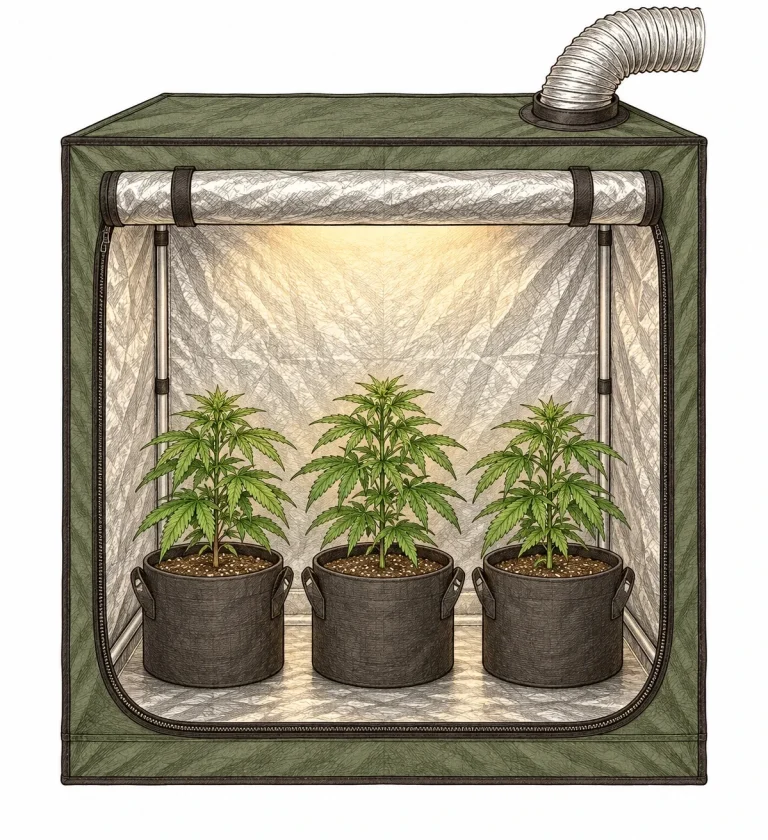 Geöffnetes Growzelt mit silberner Innenwand, Abluftschlauch und jungen Cannabispflanzen in Stofftöpfen
