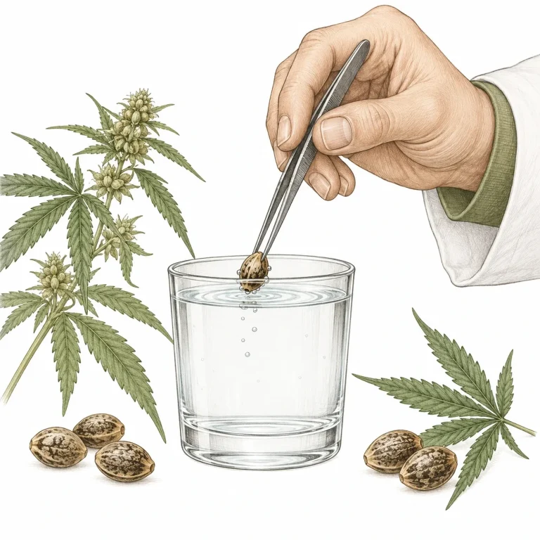 A grower using tweezers to drop a closed cannabis seed into a glass of lukewarm water