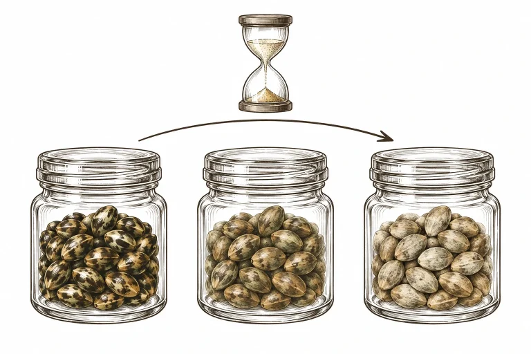 Drei Gläser mit Cannabissamen von frisch und glänzend bis alt und verblasst, darüber eine Sanduhr