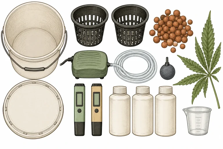 DWC hydroponics gear: buckets, net pots, clay pebbles, air pump, air stone, pH and EC meters and nutrients