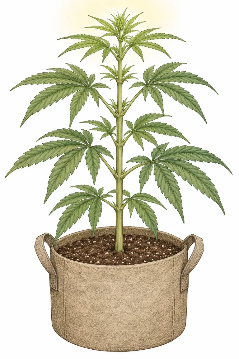 Young cannabis plant in a fabric pot with clearly visible nodes shortly before pre-flowering