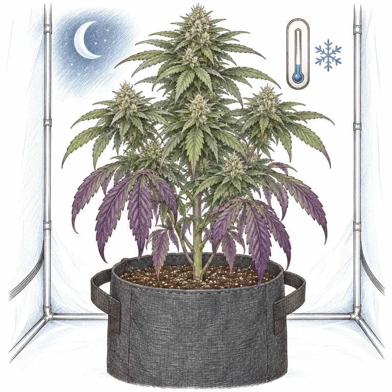 Flowering cannabis plant in a grow tent with purple, drooping lower leaves caused by cold nights