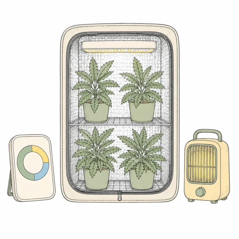 Kältestress bei Cannabis vermeiden: gut isolierter Growroom mit Thermohygrometer