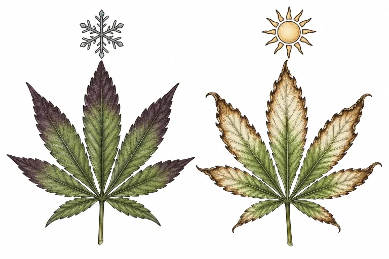Vergleich: dunkel verfärbtes Cannabisblatt durch Kälte und verbranntes Blatt durch Sonne