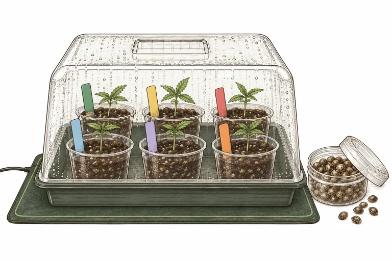 Small germination station with a heat mat, humidity dome and small plastic cups with colored plant labels