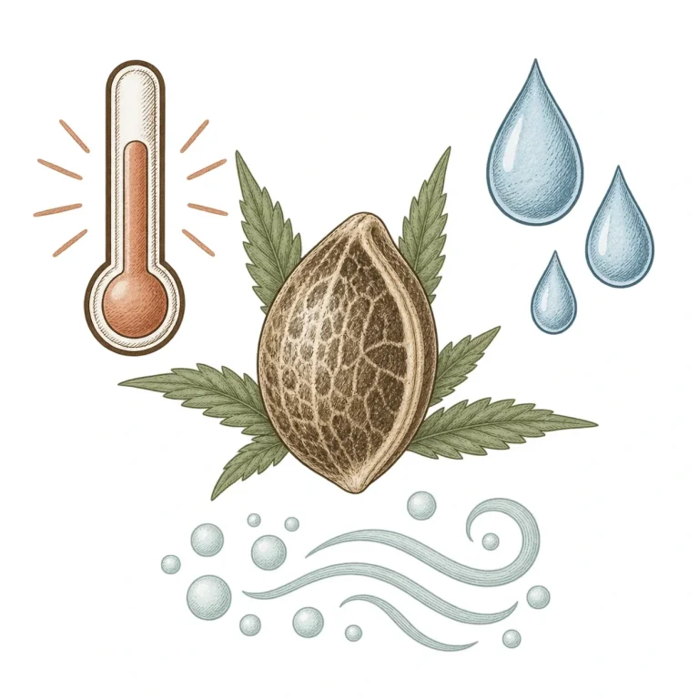 Cannabis seed surrounded by icons for temperature, water and oxygen as the key factors in germination