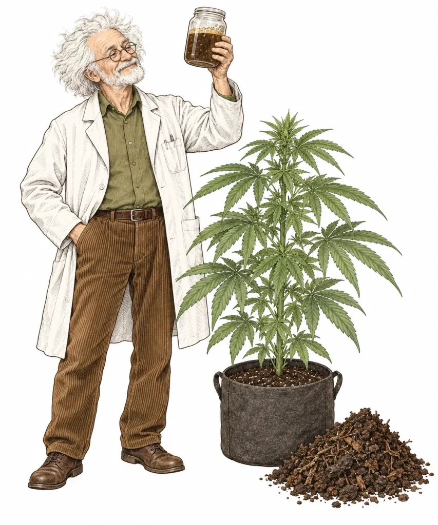Komposttee für Cannabis: Der PlantMentor prüft ein Glas frisch gebrauten Komposttee neben einer Cannabispflanze im Stofftopf